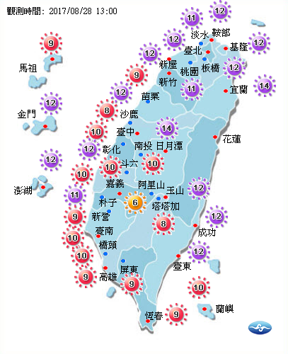 真的好熱！剛過中午12點，全台紫外線狂飆。 圖：中央氣象局