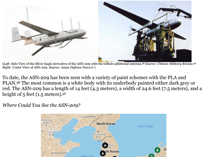 美方報告指4.3公尺長、7.5公尺寬的 ASN-209型無人機，飛行範圍為200公里遠，目前部署在東海附近。 圖：翻攝2049項目研究所報告