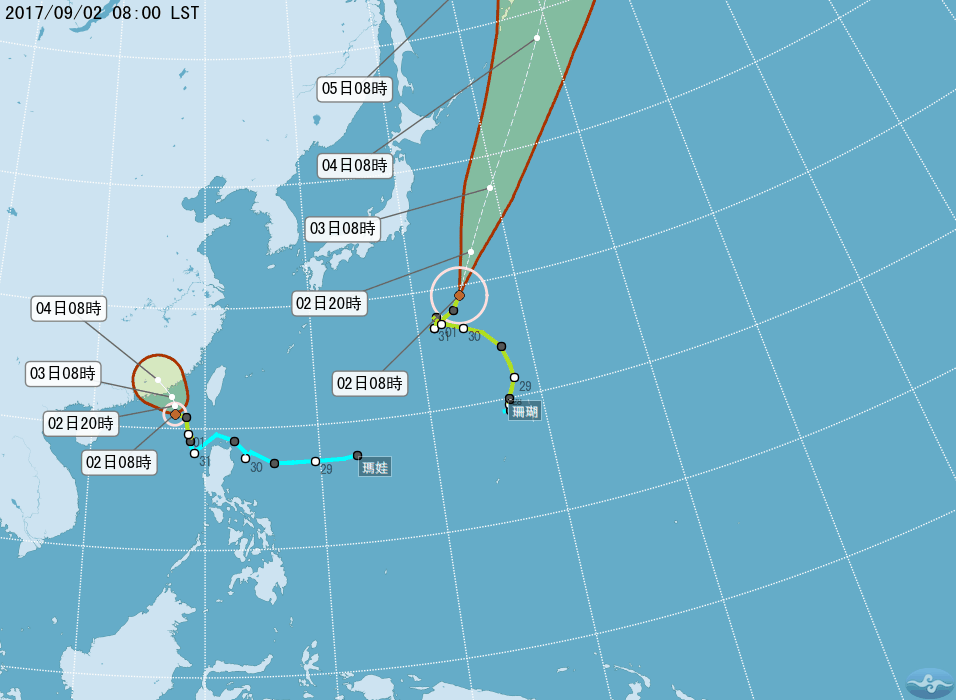 今、明(2、3日)兩天受「瑪娃」外圍環流影響，各地雲量多且有陣雨，局部地區仍有大雨、豪雨發生的機率，在降雨時氣溫下降，會稍微轉涼，紓解連日高溫的天氣。 圖：中央氣象局