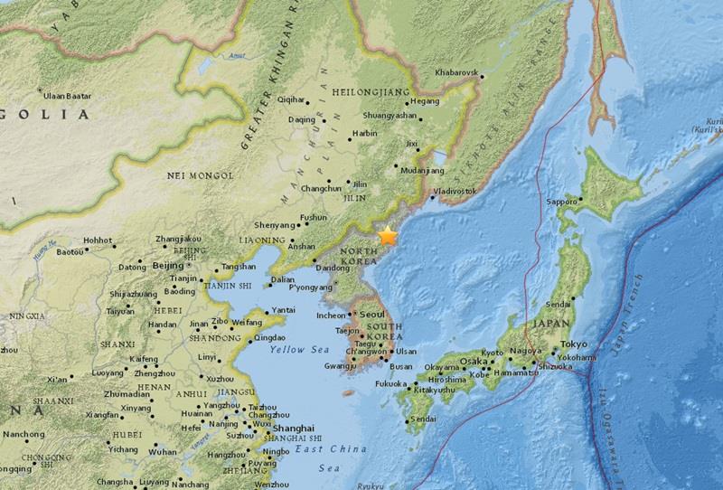 根據美國地質調查所，北韓發生規模5.6地震。 圖 : 翻攝自美國地質調查所earthquake.usgs.gov
