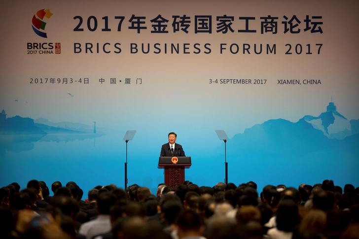 在中國國家主席習近平出席2017年金磚國家峰會開幕典禮致詞前，北韓試爆氫彈，瞬間轉移峰會焦點。 圖：達志影像／路透社