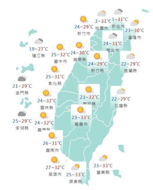 氣象署公布各地天氣預報概況。 圖：氣象署提供