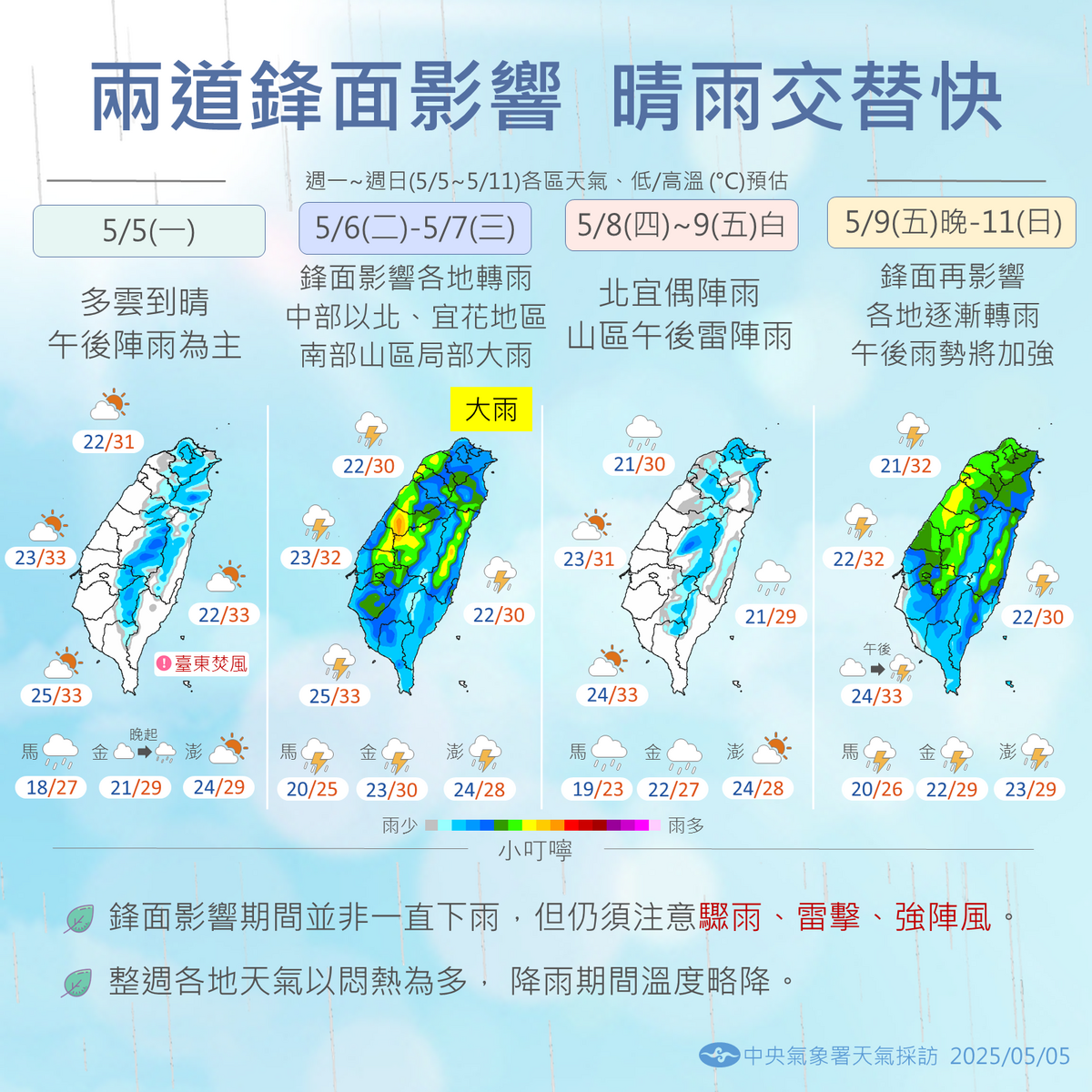 未來一週內將有2波鋒面接連抵達台灣，為各地帶來陣雨、雷擊或強陣風。 圖：中央氣象署／提供