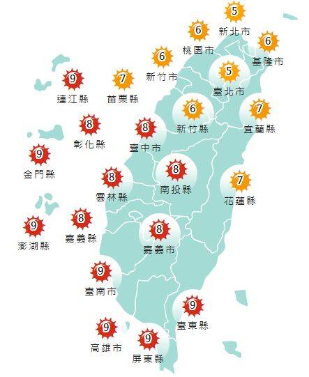 氣象署發布各地紫外線指數預報概況。 圖：氣象署提供