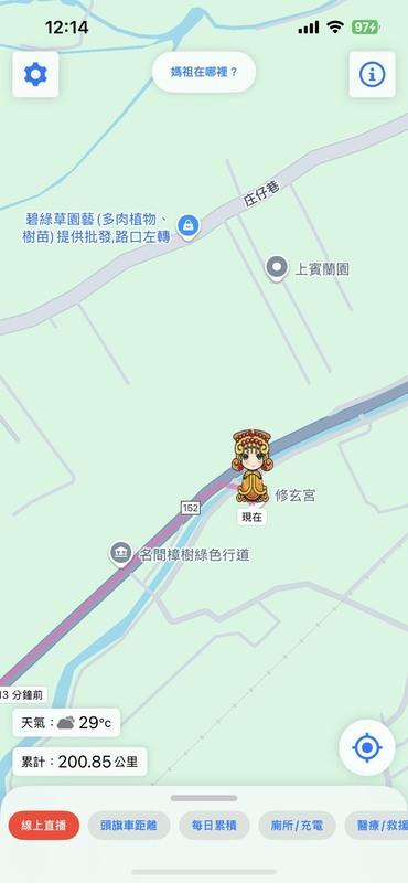 媽祖進入南投民間走約半小時後，在民間修玄宮前停下，進入修玄宮停駕休息，根據白沙屯媽祖GPS定位，媽祖要休息到下午15時才會起駕。 圖：翻攝自白沙屯拱天宮App
