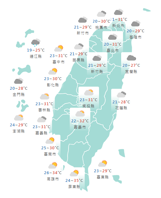 氣象署公布各地天氣預報概況。 圖：氣象署提供