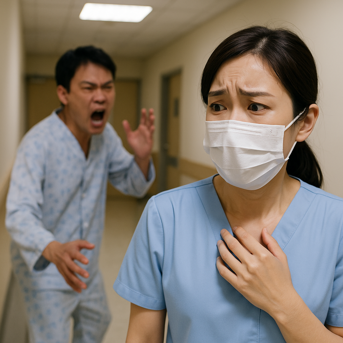 一名病患不滿未得安眠藥，在院內恐嚇護理師並潑尿，遭依恐嚇與妨害醫療起訴。（圖為醫療暴力示意) 圖：ChatGPT AI 生成 / 曾郡秋 製