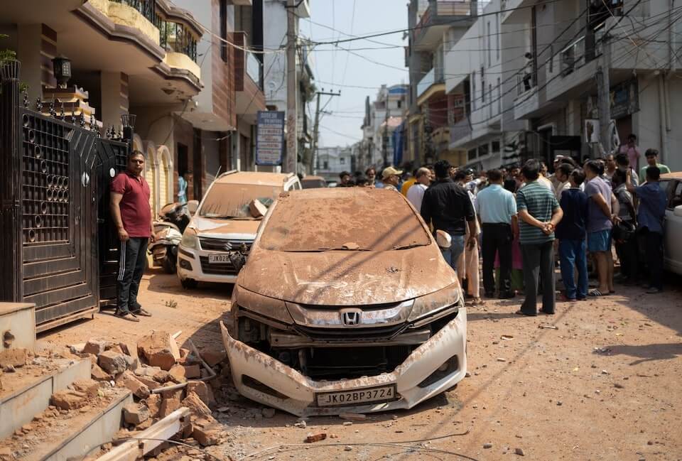 圖為10日巴基斯坦對印度發動攻擊，印度查摩地區民眾站在毀損車輛旁。（路透社）