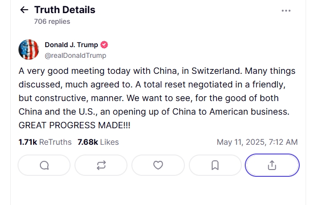 美國總統川普發文，表示美中協商達成全面性的關係重啟。 圖/截取自真實社群平台 Donald J. Trump  @realDonaldTrump