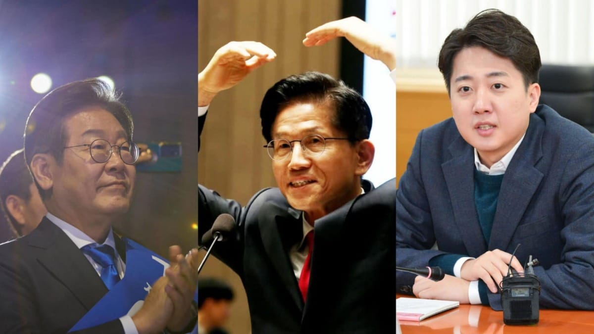 參選韓國總統的三位候選人，共同民主黨李在明(左)、國民力量黨金文洙(中)，以及改革新黨候選人李俊錫(右)。 圖：翻攝自X(新頭殼合成)