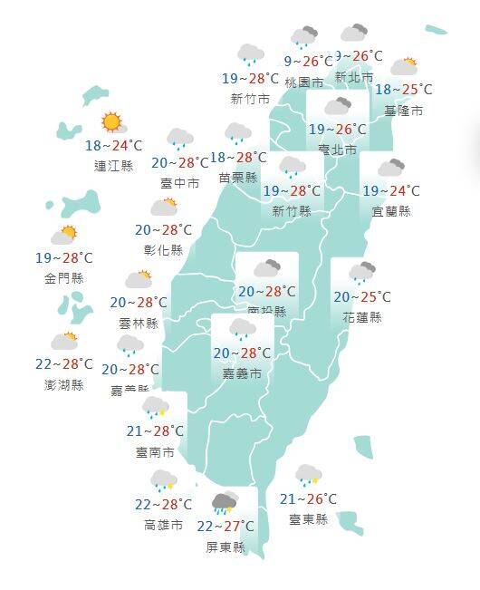 氣象署公布各地天氣預報概況。 圖：氣象署提供