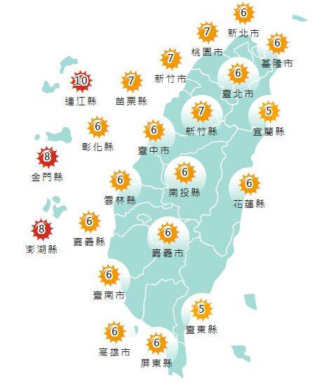 氣象署發布各地紫外線指數預報概況。 圖：氣象署提供
