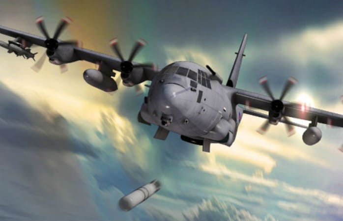 最近美國特種作戰司令部透露已在 AC-130J「幽靈騎士」武裝砲艇機上完成 AGM-84「魚叉」反艦導彈的裝載測試。圖為 AC-130J。 圖：翻攝自 Valhalla X 帳號