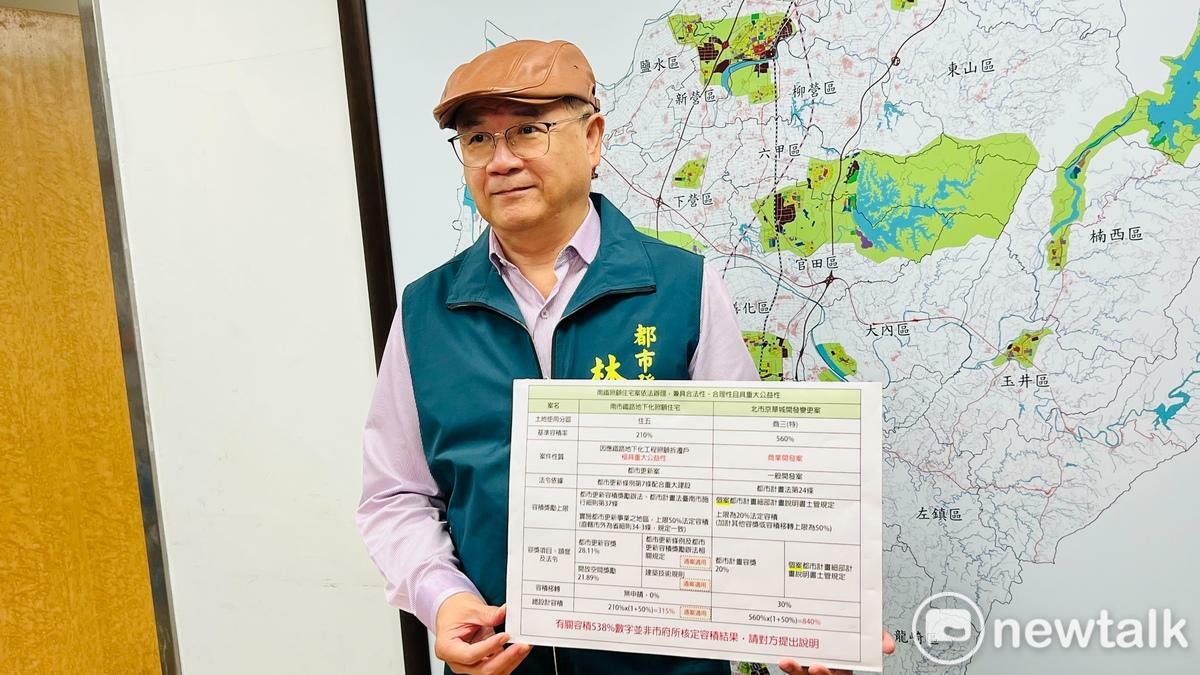 都發局長林榮川拿出「南市鐵路地下化照顧住宅VS北市京華城開發變更對照表」，強調南鐵地下化照顧宅不只具備「重大公益性」，更絕對具備「合理性、合法性」；而京華城開發變更則是「商業開發案」，陳佩琪將兩件完全不同的案子拿來對比，完全是「竹篙湊菜刀」、惡意扭曲。 圖：台南市政府提供