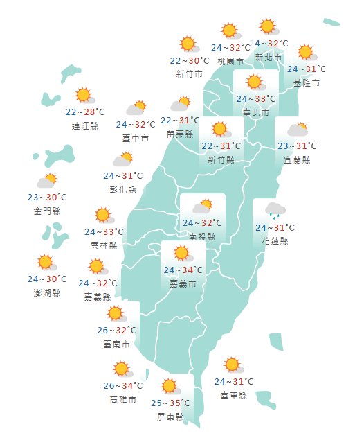 氣象署公布各地天氣預報概況。 圖：氣象署提供