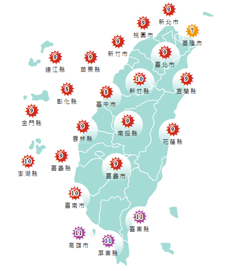 氣象署發布各地紫外線指數預報概況。 圖：氣象署提供