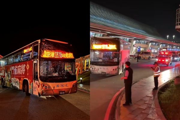 國光客運1819路線巴士凌晨於桃園國際機場第一航廈客運站出口處自撞，造成包含駕駛在內共31人受傷送醫。 圖：翻攝爆料公社