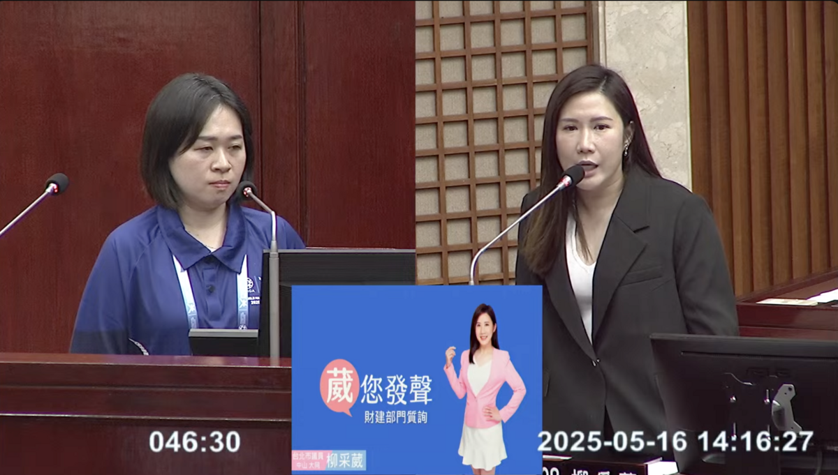 國民黨台北市議員柳采葳（右）質詢世壯運發言人郭音蘭（左）。 圖：翻攝台北市議會直播