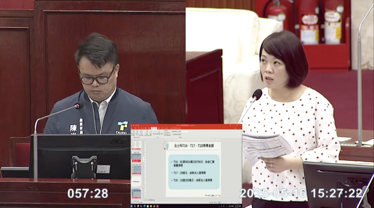 民進黨台北市議員簡舒培（右）於台北市議會質詢。 圖：台北市政會直播