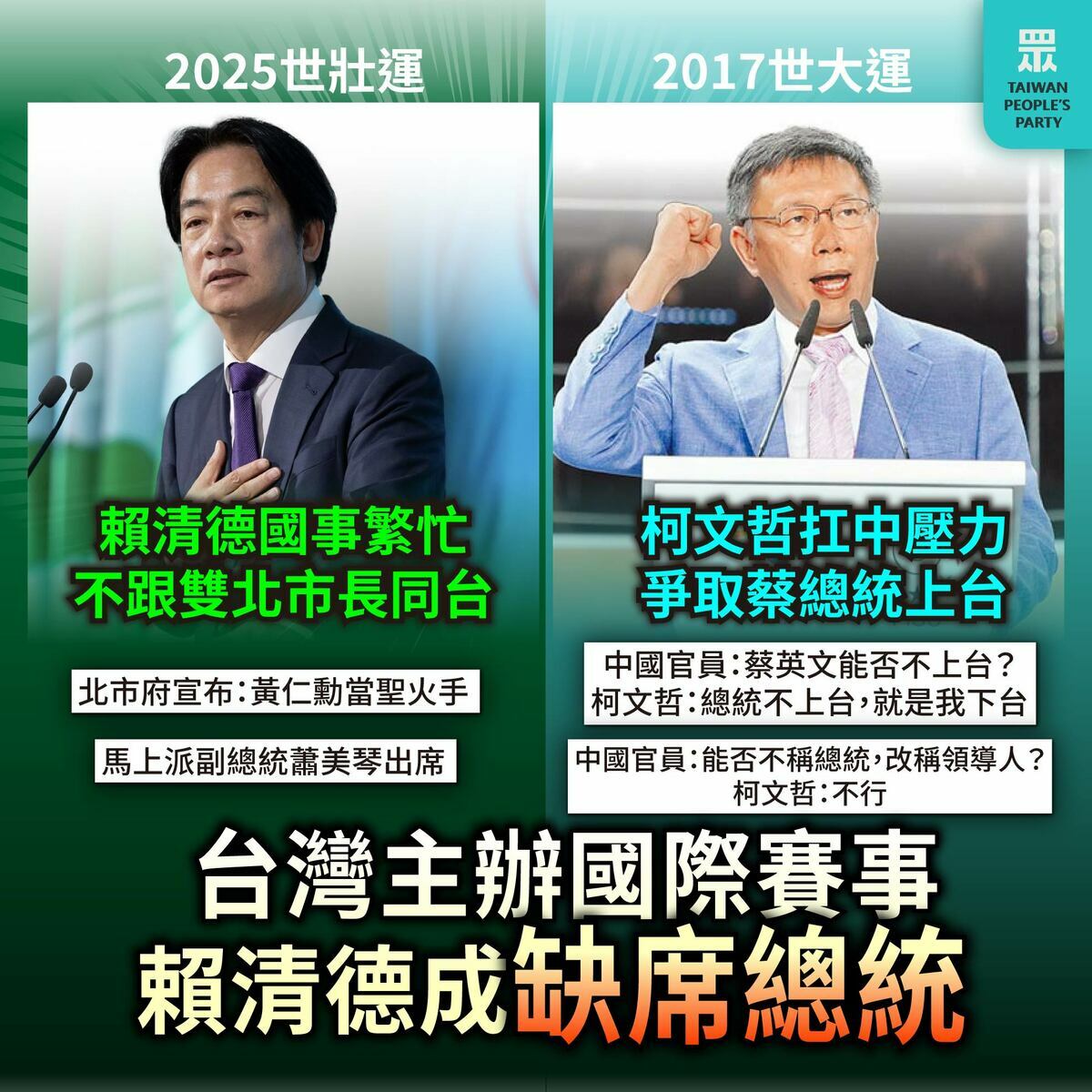 民眾黨質疑，今年世壯運，總統賴清德缺席，卻在北市府公布輝達（NVIDIA）創辦人黃仁勳將出席後，總統府馬上轉彎改口，改派副總統蕭美琴出席，砲轟體育盛事不該被總統的政治算計所冷落。 圖：民眾黨 / 提供