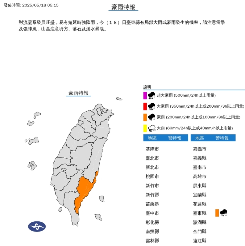 氣象署發布台東縣豪雨特報 。 圖/中央氣象署