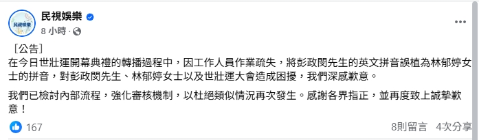 世壯運聖火代表彭政閔的英文名字誤植為Lin Yu-Ting(林郁婷)，轉播單位民視發公告致歉。 圖/取自「民視娛樂」粉專