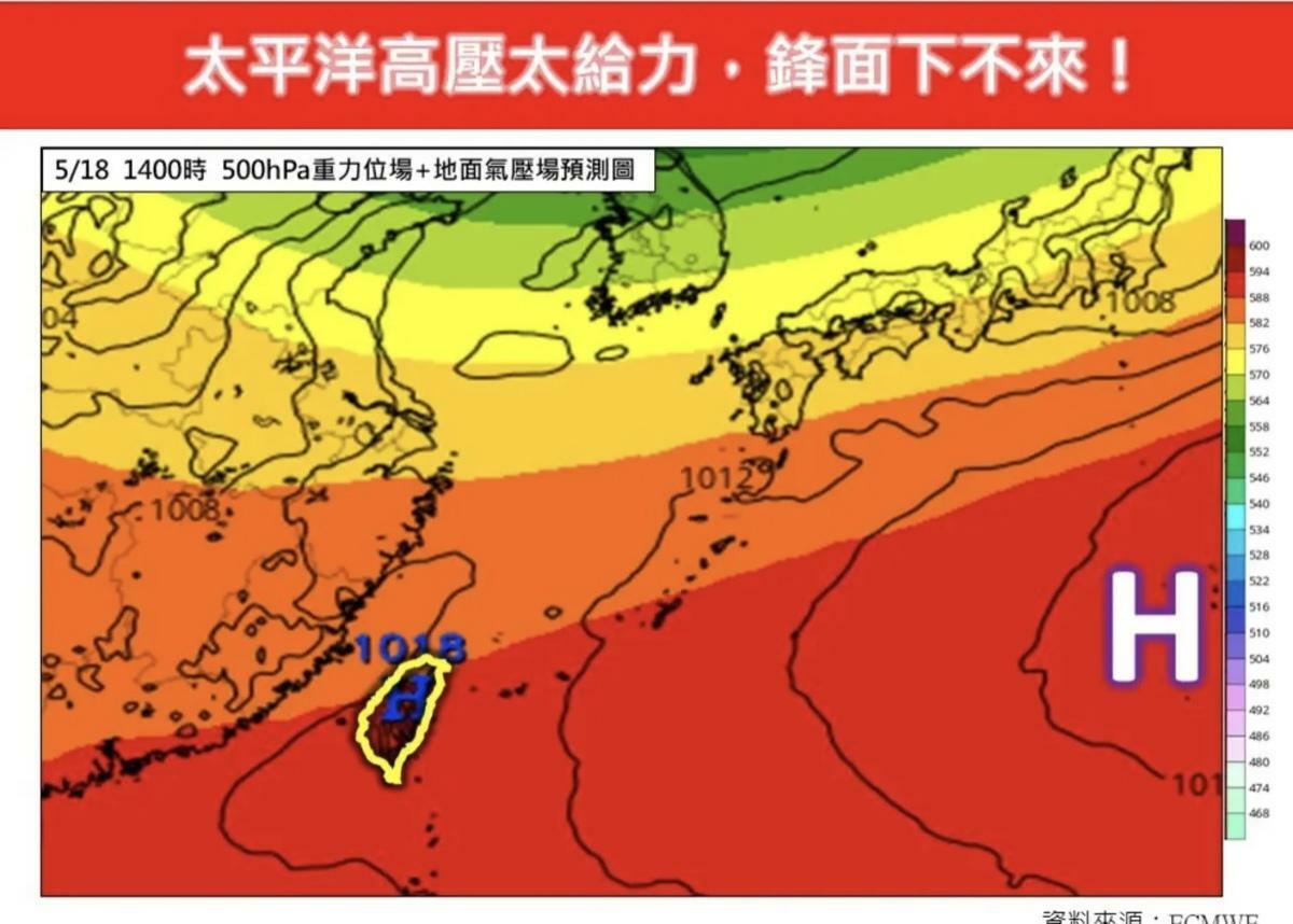 鋒面在北部海面下不來，專家揭一原因造成。 圖：翻攝自林老師氣象站臉書