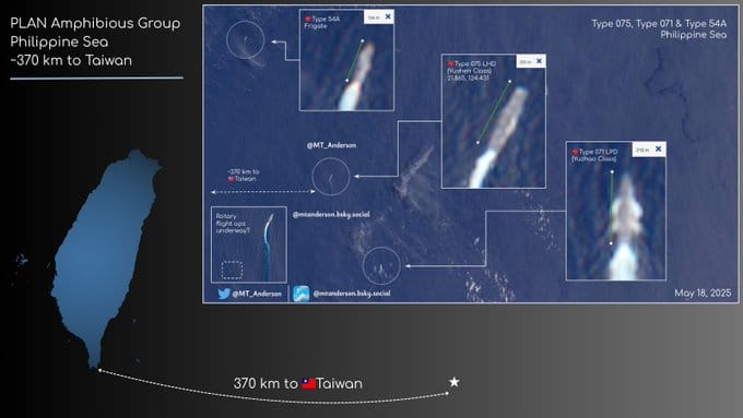 解放軍075型兩棲攻擊艦「安徽號（舷號33）」等艦在鵝鑾鼻以東370公里的東部海域實施演訓。 圖：翻攝「臉書」呂禮詩