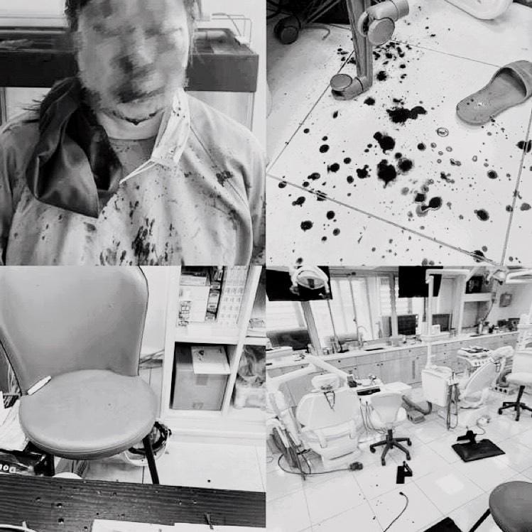 松山一診所男病患洗牙喊痛失控，毆打女醫師致傷、現場血跡斑斑。 圖：翻攝自「爆料公社」