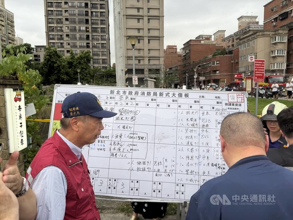 新北市三峽區北大國小外19日下午發生1輛自小客車不明原因衝撞多名路人重大意外，已知16人受傷，其中4人到院前心肺功能停止（OHCA）。圖為新北市消防局副局長蔡武忠（左）到場指揮。中央社記者林恕暉攝  114年5月19日