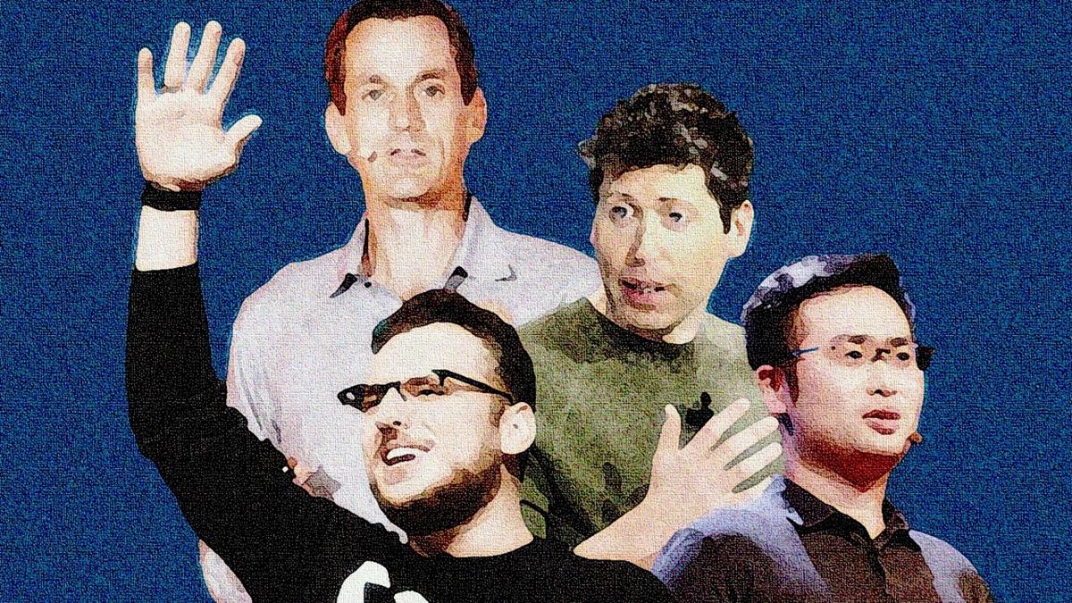 參與2025AI Ascent峰會的科技巨頭，左上Jeff Dean、左下Mike Krieger、中Sam Altman、右Jim Fan（Playground AI生成）