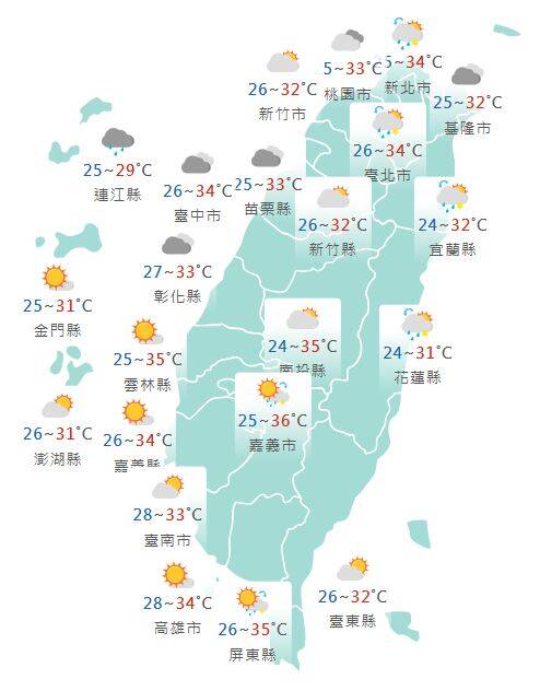氣象署公布各地天氣預報概況。 圖：氣象署提供