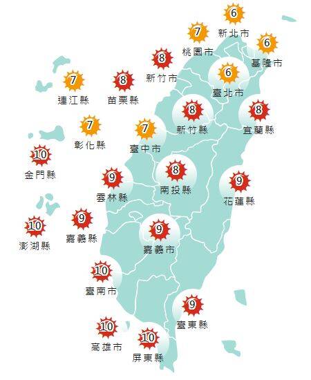 氣象署發布各地紫外線指數預報概況。 圖：氣象署提供