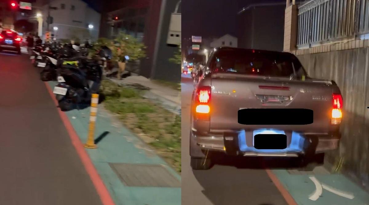 三峽車禍現場出現悼念擺拍亂象，許多民眾前往悼念，竟都直接違停在人行道上，相當諷刺。 圖：翻攝自Threads
