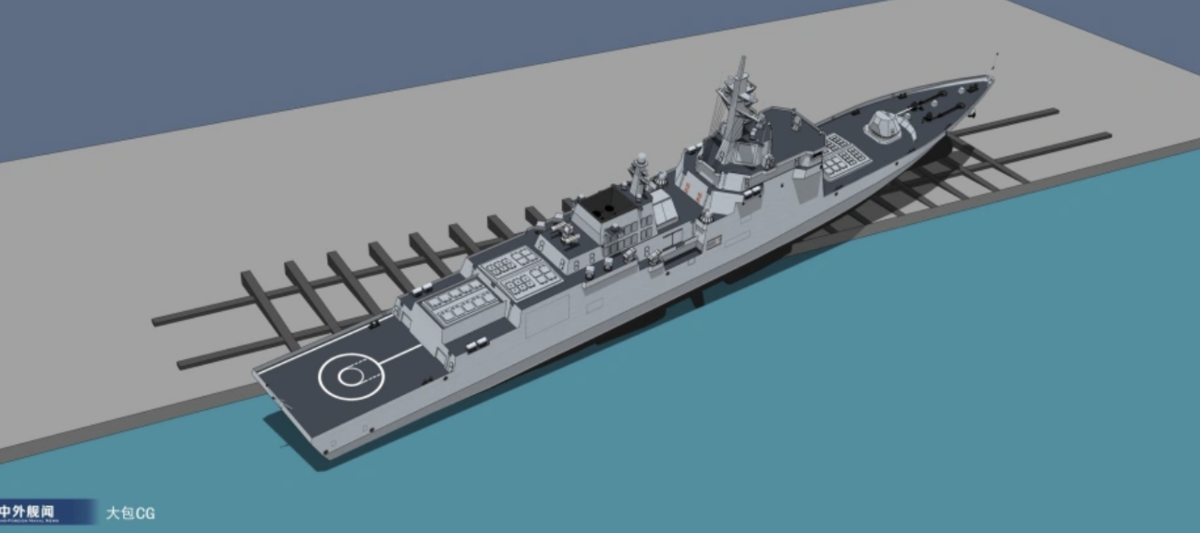 北韓崔賢級二號艦側滑下水效果圖。 圖：翻攝自 河東三叔