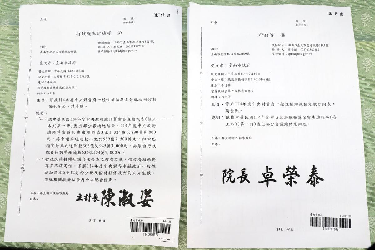 中央政府114年度總預算遭通案刪減939億元，行政院被要求自行刪減636億。行政院調節後，刪減地方一般性補助款27.3%，其中台南市政府接獲公文通知一般性補助款刪減51.68億元。