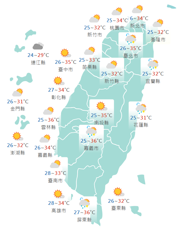 氣象署公布各地天氣預報概況。 圖：氣象署提供