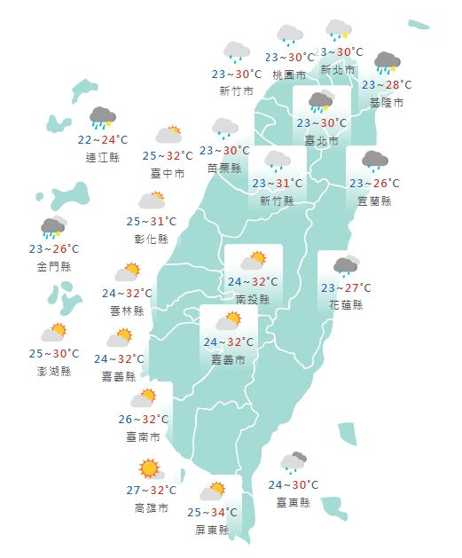 氣象署公布各地天氣預報概況。 圖：氣象署提供