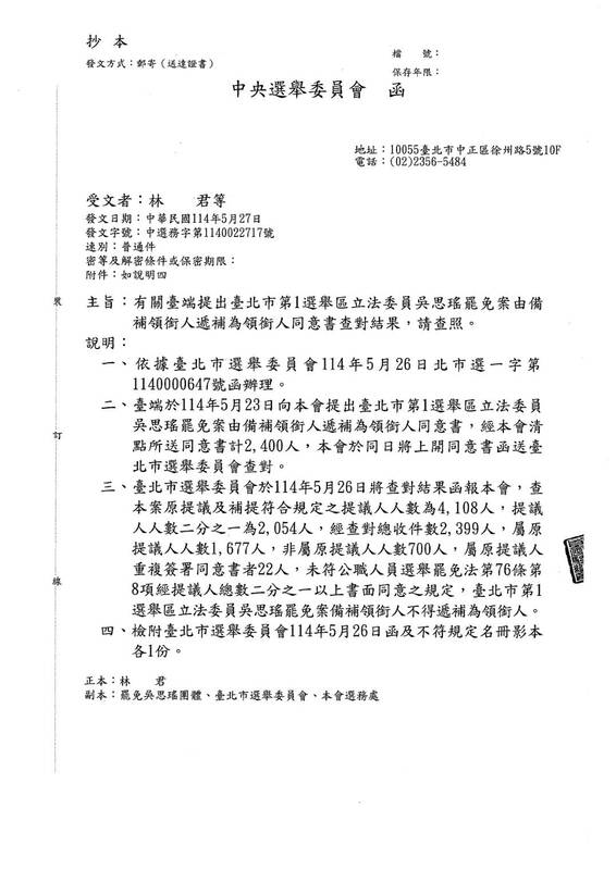 中選會今日公告罷免吳思瑤更換領銜人作業的查對結果。 圖：翻攝自中選會提供文件