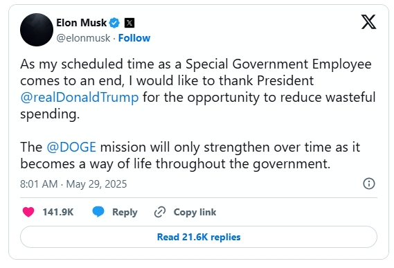 特斯拉首席執行官伊隆·馬斯克 （Elon Musk）在 X 上的一篇貼文中表示，感謝美國總統川普，他為政府工作的預定時間即將結束。 圖: 擷取自馬斯克X平台
