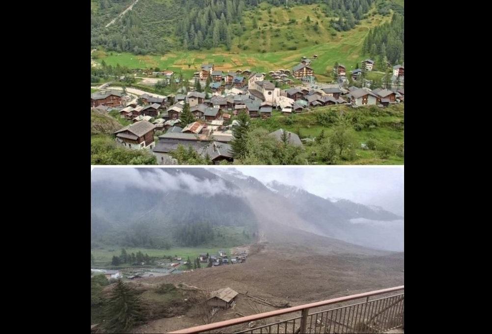 瑞士阿爾卑斯山南部的布拉滕村於當地時間週三（28日）被冰川斷裂引發的土石流吞噬，造成 1位村民失蹤。（圖上為布拉滕村，圖下為被土石流吞噬的布拉滕村） 圖：翻攝自 @ishka2023 X 帳號