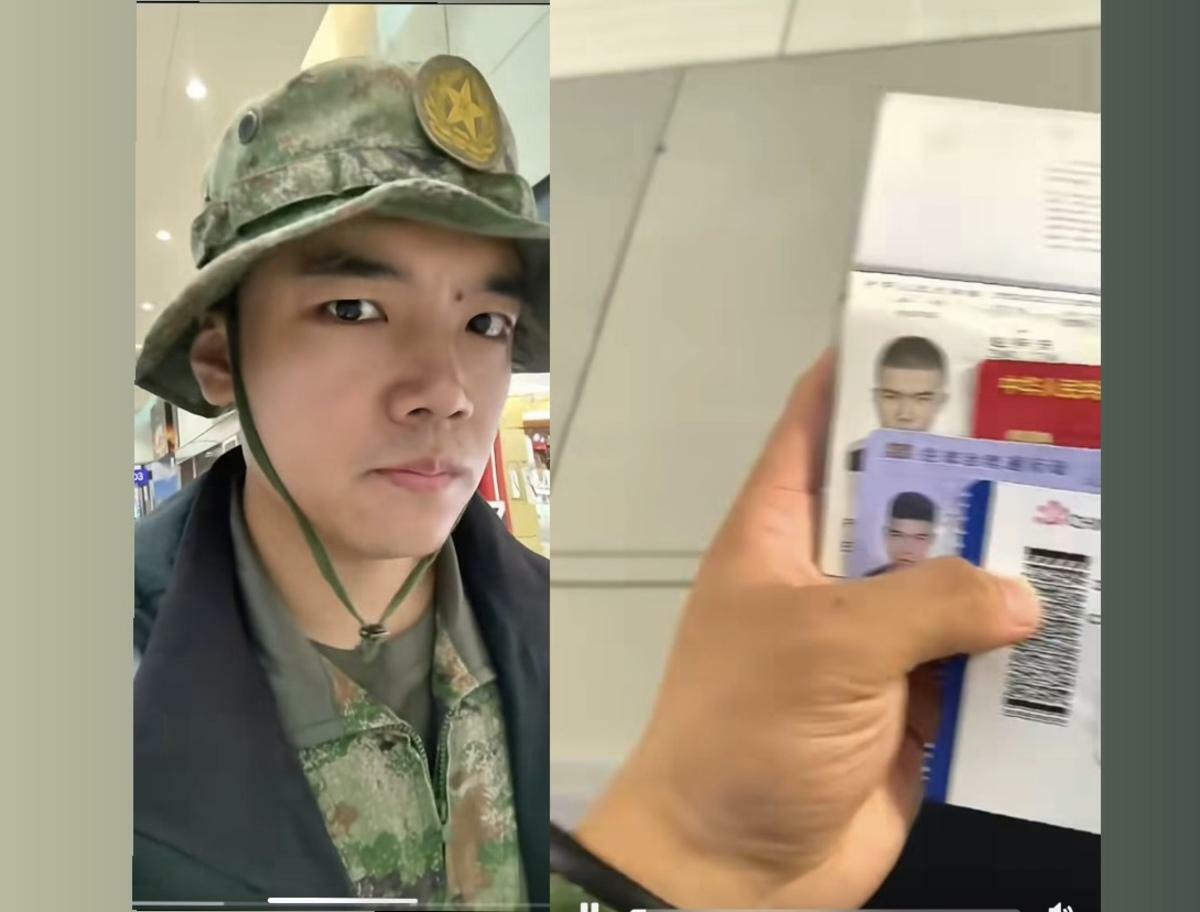 一名疑似中國退役軍人身穿解放軍迷彩服現身桃園國際機場。 圖： 翻攝自 threads @hr_cheng88