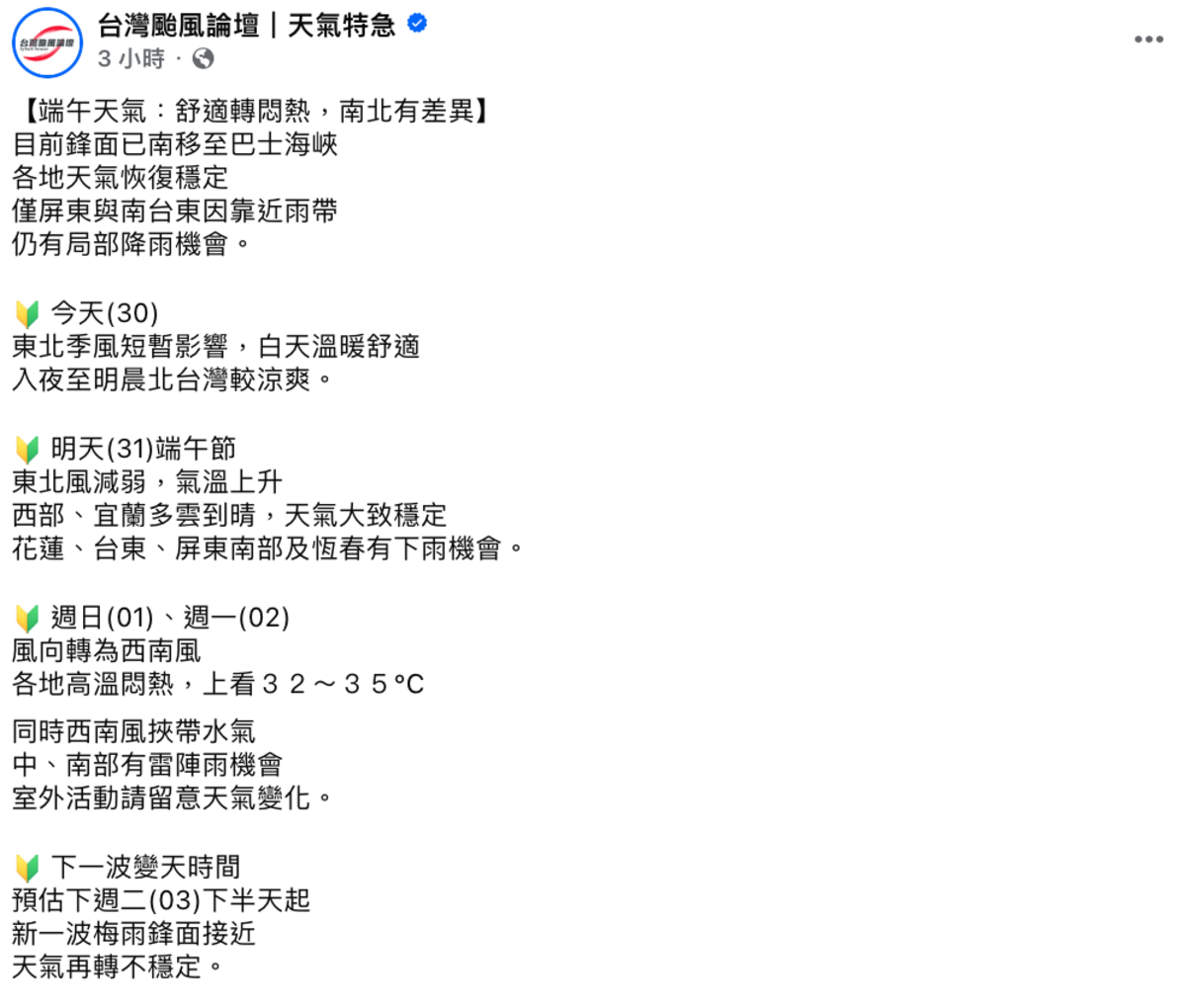 「台灣颱風論壇｜天氣特急」指出，好天氣維持到下週二(3日)，週二下半天起，新一波梅雨鋒面接近，天氣再轉不穩定。 圖：翻攝自「台灣颱風論壇｜天氣特急」FB