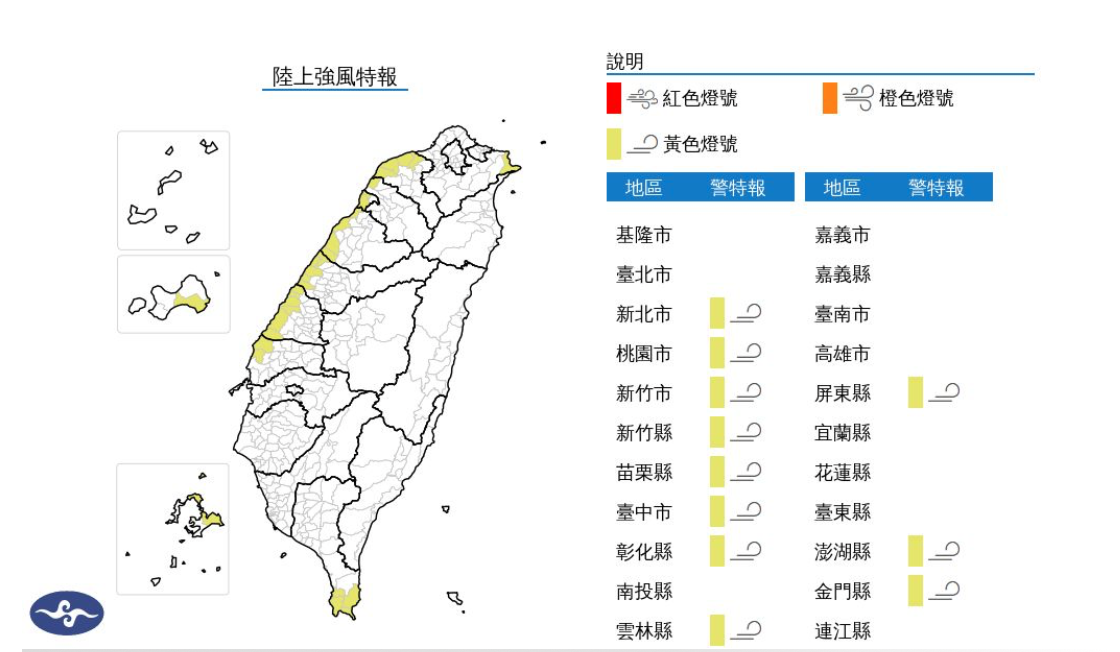 今日16時45分中央氣象署發布了陸上強風特報，11個縣市局部地區有平均風6級以上或陣風8級以上發生的機率，影響時間到31日晚上。 圖：翻攝自中央氣象署官網