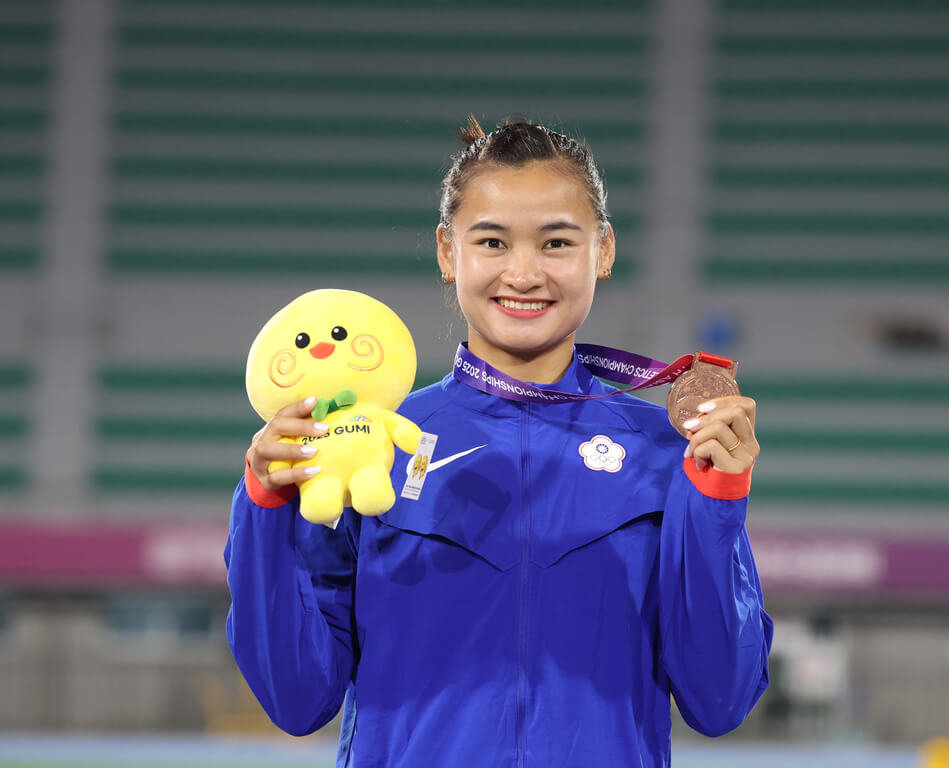 台灣女子7項全能好手陳彩娟（圖）30日在2025田徑亞錦賽以總分5608拿下銅牌，為台灣相隔27年後再度有人獲得女子全能獎牌。（中華民國田徑協會提供）中央社記者黎建忠傳真  114年5月30日