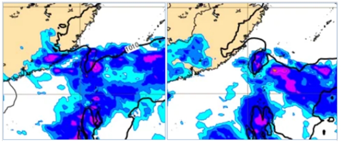 圖：最新(31日20時)歐洲模式(ECMWF)週三(4日)20時模擬圖則顯示，鋒面通過，有大範圍明顯降雨(左圖)。週四(5日)20時模擬圖則顯示，鋒面南移，各地仍有局部陣雨或雷雨(右圖)。 圖/取自《氣象應用推廣基金會 洩天機教室》專欄