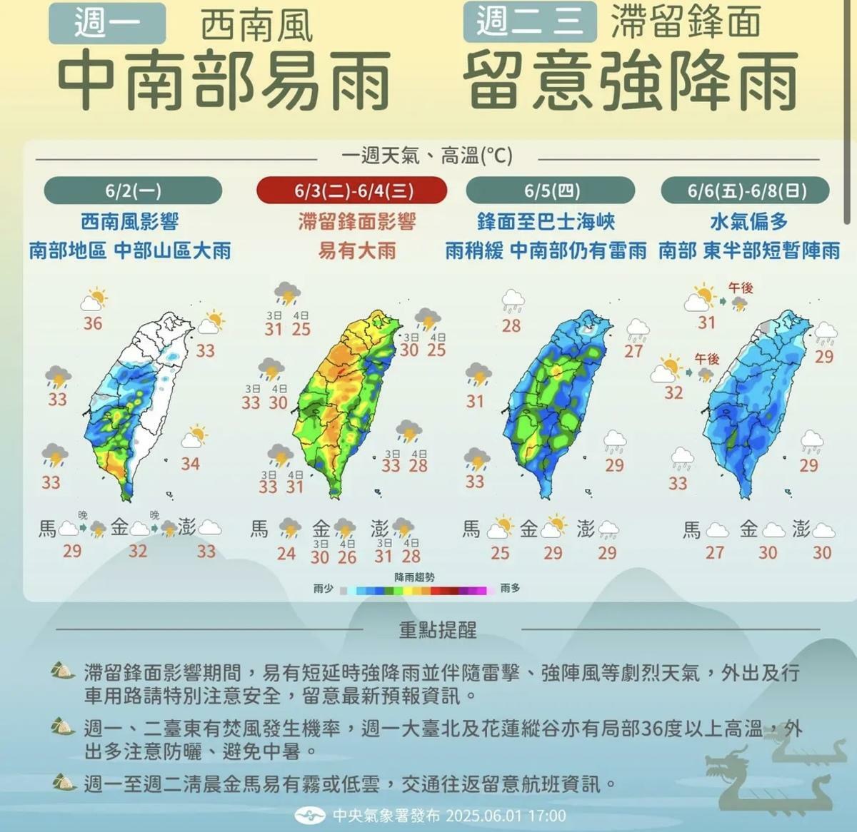 下週天氣一圖看。 圖：翻攝自中央氣象署臉書