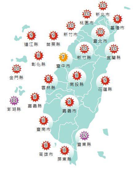 氣象署發布各地紫外線指數預報概況。 圖：氣象署提供