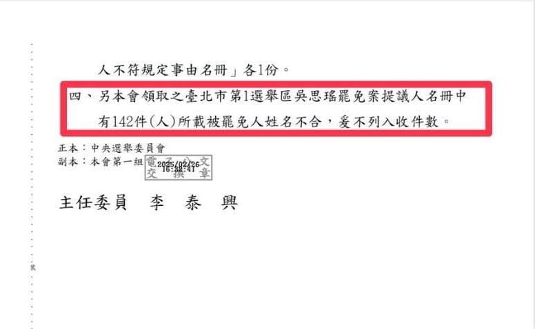 周軒今（2）日秀出公文表示，竟然有142件所載「被罷免人」不是吳思瑤，直呼太誇張了。 圖：取自周軒臉書