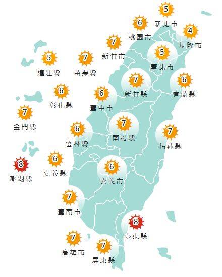 氣象署發布各地紫外線指數預報概況。 圖：氣象署提供